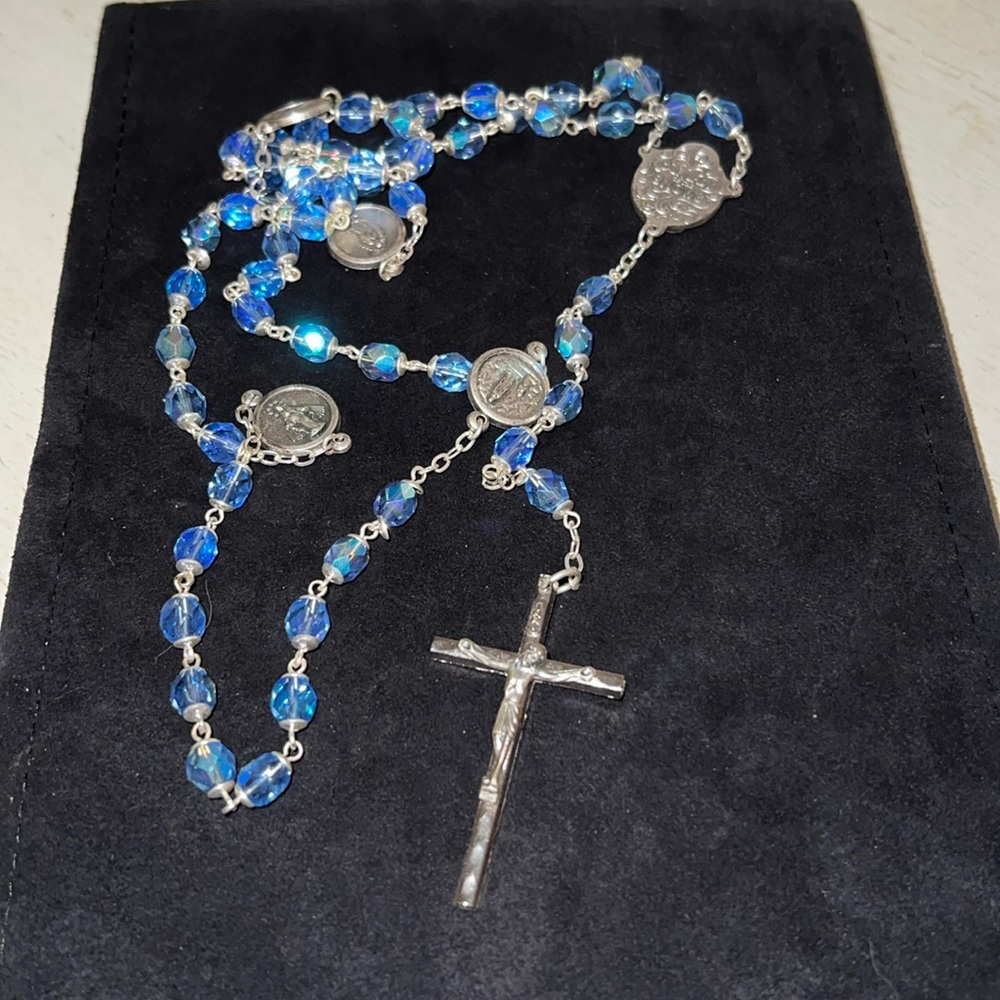 Vintage Italy Rosary Crucifix cross blue AB Beads